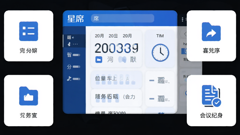一幅展示星席软件主界面的高清数字插图,画面中央是一个简洁的会议日程管理面板,显示日期、时间和会议主题,周围环绕着任务分配、文件共享和会议纪要等图标,整体布局扁平化,采用蓝白主色调,风格现代科技感,画质干净,无多余元素