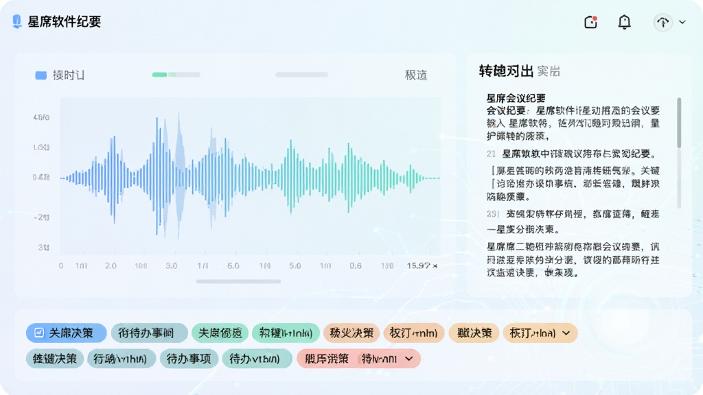 展示星席软件自动生成会议纪要的界面,画面中央是录音波形图,右侧实时显示转写出的文字内容,底部有关键决策和待办事项的高亮标签,整体色调清新,界面干净,科技感强,无多余元素