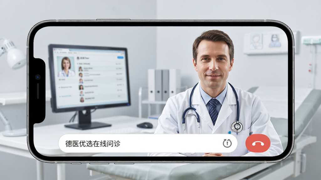 德医优选在线问诊功能界面预览图,主体为手机屏幕展示医生视频问诊画面,屏幕下方有文字输入框和挂断按钮,背景为简洁的浅灰色医疗诊室环境,布局为上下结构,风格写实,细节包括医生白大褂、听诊器、电脑显示器上的患者信息,画质清晰干净,无多余元素