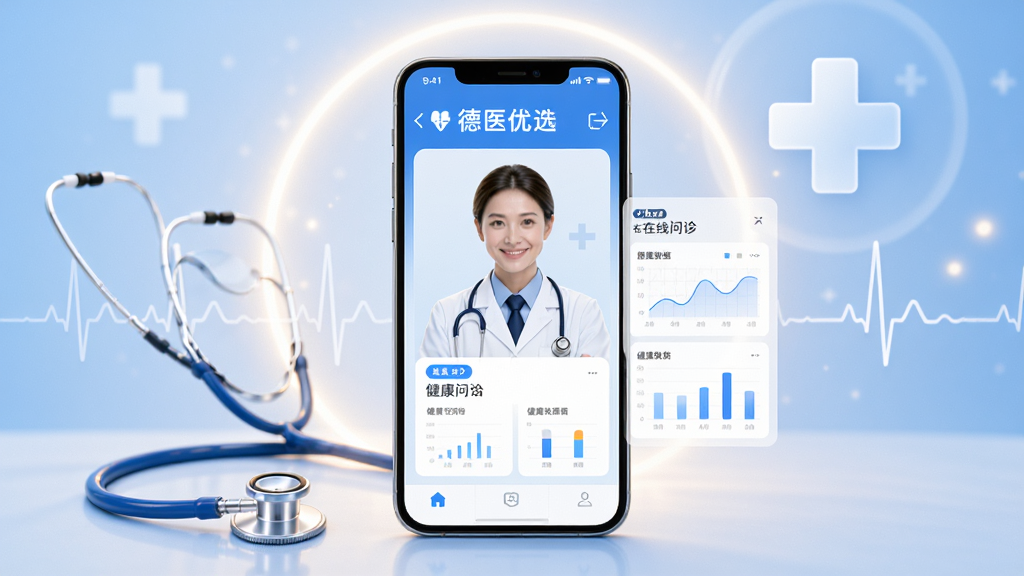 德医优选医疗健康服务平台的主视觉图,采用温暖蓝色调,主体为手机屏幕中展示医生在线问诊界面与健康数据图表,背景辅以柔和的光晕和医疗十字标志,布局居中对称,风格现代简约,细节包含听诊器、心电图线条等医疗元素,画质高清干净,无多余元素