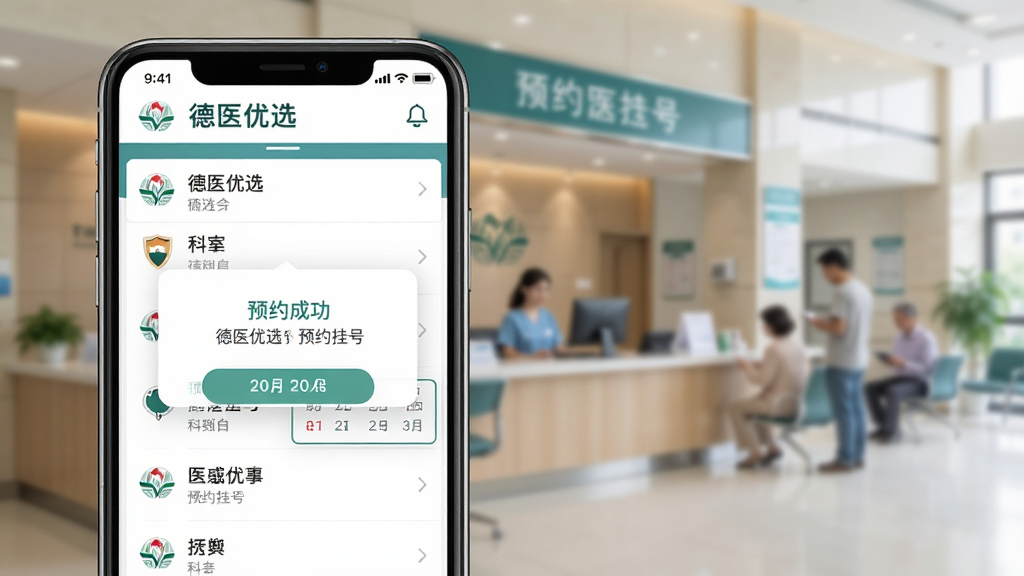 德医优选预约挂号功能展示图,主体为智能手机界面显示医院列表与科室选择页面,背景为模糊的医院门诊大厅,布局为左右分屏,风格清新明亮,细节包括预约成功提示弹窗、日历日期标记、医院LOGO,画质细腻干净,无多余元素