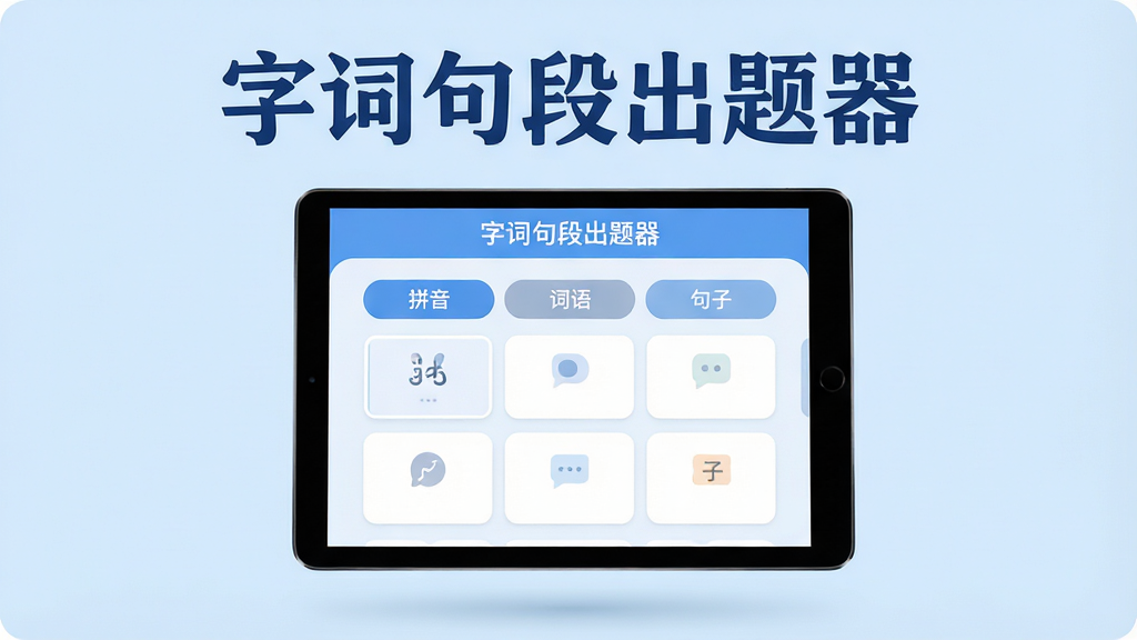 高清数字教育软件主视觉图,主体是一台平板电脑悬浮于干净浅蓝色背景中央,屏幕内展示“字词句段出题器”的题库选择界面,上方有“拼音”、“词语”、“句子”分类标签,布局清晰,扁平化设计风格,细节圆润,画质干净,无多余元素,软件名称“字词句段出题器”以深蓝色艺术字置于屏幕上方。