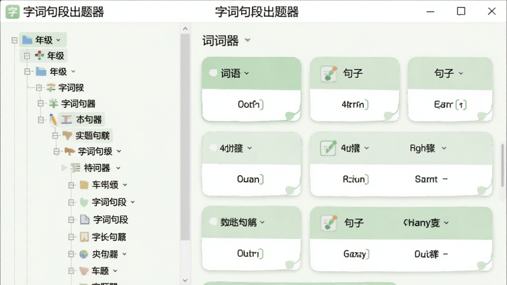 展示“字词句段出题器”软件内部题库分类界面的截图风格图片,左侧是清晰的年级列表树状图,右侧是词语、句子等题型选择卡片,色彩柔和以浅绿和白色为主,排版规整,扁平化UI设计,细节清晰,画质干净,顶部有软件名称“字词句段出题器”标识。