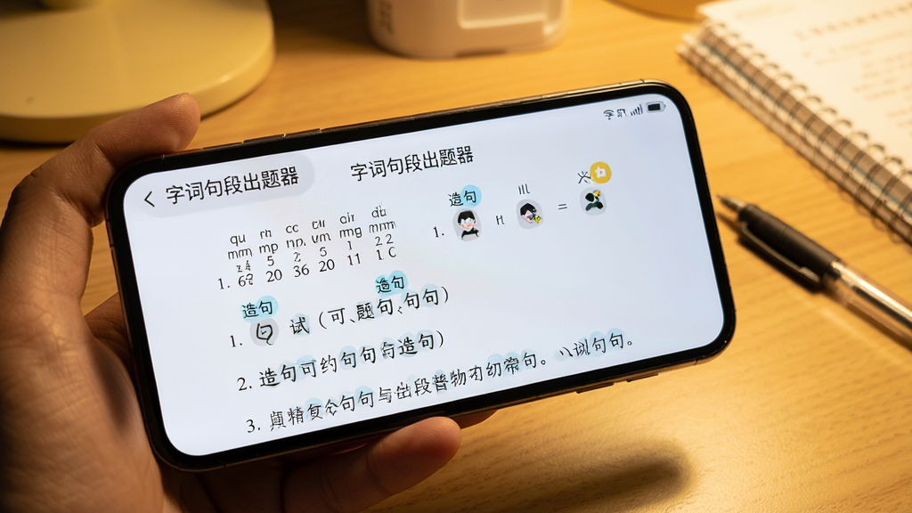 展示手机横屏使用“字词句段出题器”的实拍场景,屏幕中显示一份生成完毕的语文测试卷,卷面有拼音题和造句题,旁边放着笔,背景为书桌,构图清晰,暖色调光线,细节真实,画质干净,手机屏幕上有“字词句段出题器”应用名称。