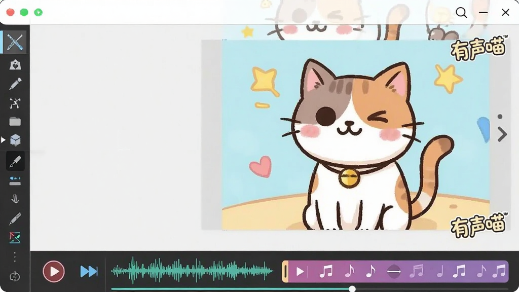 一张展示有声喵画本制作过程的界面截图,主体为编辑画布,左侧显示绘图工具栏,右侧为画布区域,画布上有一幅未完成的彩色卡通插画,底部有录音波形和音乐轨道,布局合理,排版整洁,风格活泼,细节上带有“有声喵”水印,画质清晰,干净无多余元素。