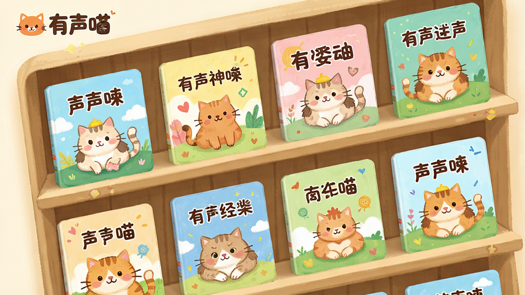 一张有声喵应用内资源库的界面设计图,主体为分类书架布局,上面陈列着各类有声绘本封面,每个封面都有彩色插图和标题文字,布局错落有致,排版清晰,风格清新可爱,细节上突出“有声喵”品牌标识,画质细腻,干净无多余元素。