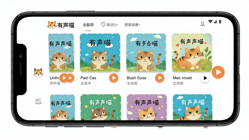 一张展示有声喵应用主界面的手机截图,主体为一部智能手机屏幕占据画面中央,屏幕上显示有声喵的首页推荐列表,包含几个彩色绘本封面和播放按钮,布局清爽,排版整齐,风格扁平化,细节上突出应用名称“有声喵”的LOGO和导航栏,画质高清,干净无多余元素。