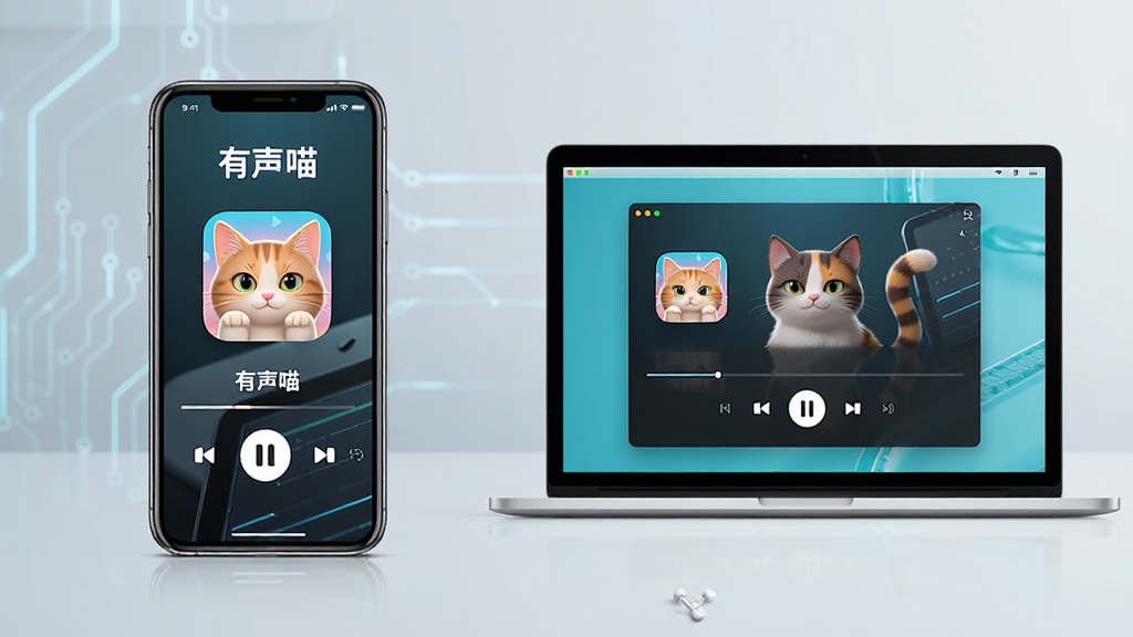 一张展示有声喵应用在手机和电脑上运行的对比场景图,主体为左侧一部手机,右侧一台笔记本电脑,屏幕上都显示有声喵的播放界面,布局对称,排版清晰,风格科技感,细节上突出“有声喵”名称,画质高清,干净无多余元素。