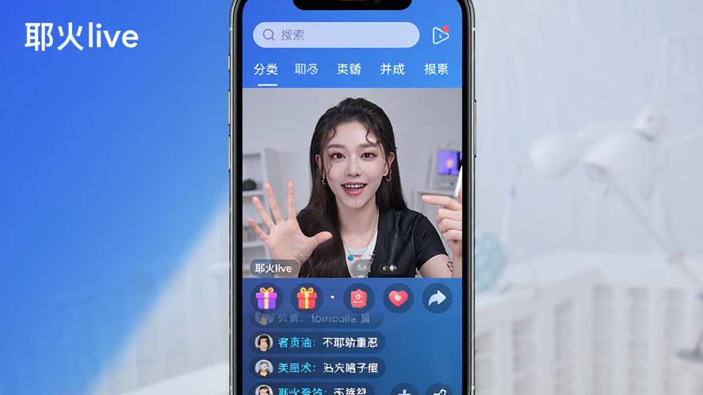 图片展示耶火live主界面,手机屏幕中央显示直播画面,有主播正在互动,下方有礼物图标和弹幕区域,顶部有搜索栏和分类标签,背景为渐变蓝色,整体风格现代时尚,UI设计简洁大方,画质高清,干净无多余元素,图片上显示文字“耶火live”