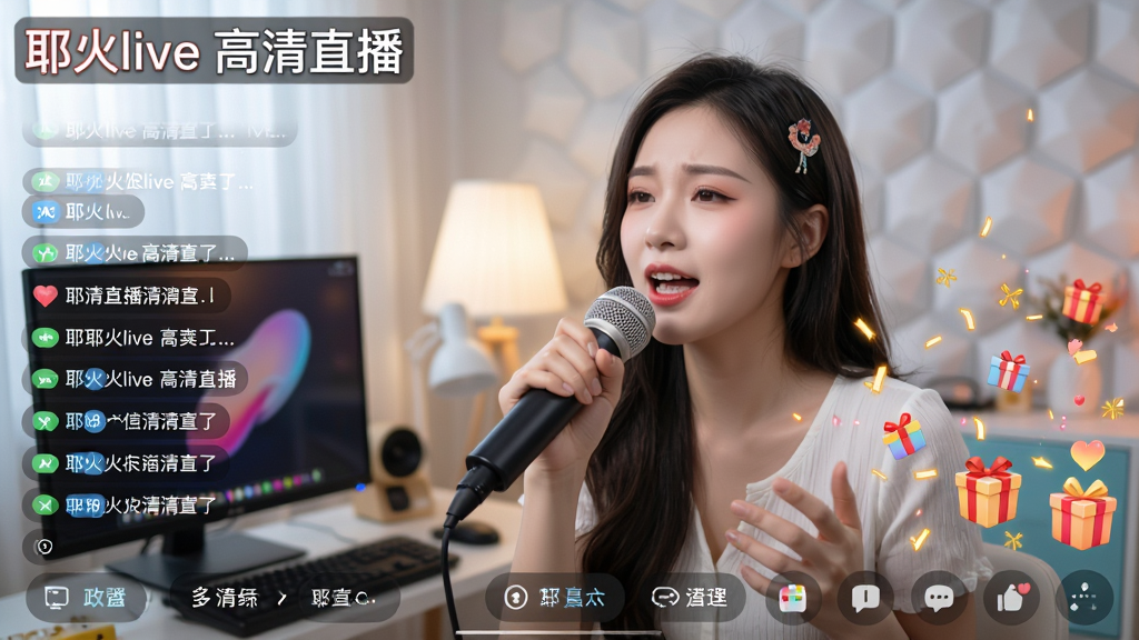 展示耶火live直播画面,画面清晰细腻,主播在明亮房间内唱歌,屏幕上有弹幕飘过和礼物特效,下方有清晰度选项菜单,整体色调鲜艳,画质高清,干净无多余元素,图片上显示文字“耶火live 高清直播”