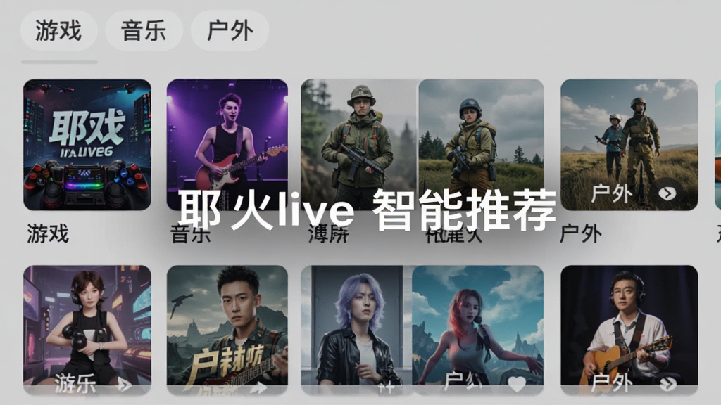 展示耶火live推荐页面,手机界面中多个直播封面卡片排列,带有分类标签如“游戏”“音乐”“户外”,封面图风格各异,背景为浅灰色,整体布局整齐,画质干净,无多余元素,图片上显示文字“耶火live 智能推荐”