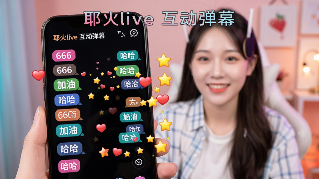 展示耶火live弹幕互动场景,手机屏幕上有彩色弹幕飞过,包括“666”“加油”“哈哈”等文字,还有爱心和星星特效,主播在背景中微笑,整体色彩明亮,画质高清,干净无多余元素,图片上显示文字“耶火live 互动弹幕”