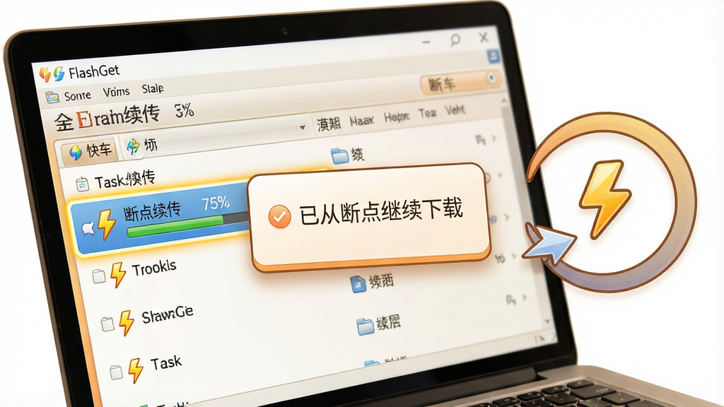 主体:一个笔记本电脑屏幕显示快车(FlashGet)软件界面,突出显示“断点续传”状态,任务暂停后又继续下载的动画效果。布局:电脑斜放,屏幕中任务列表高亮显示一个任务,右侧有一个圆形箭头指示续传。排版:屏幕上弹出一个提示框,文字为“已从断点继续下载”。风格:写实与卡通结合,色彩温暖。细节:任务进度条显示“75%”,旁边有一个闪电图标。画质:高清,干净,无多余元素。