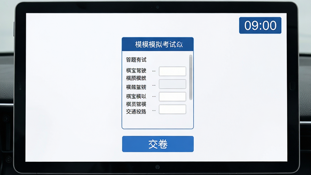 棋宝驾驶员交规模拟考试模拟考试界面,屏幕中央显示答题卡,下方有交卷按钮,右上角倒计时,界面采用白底蓝字设计,排版工整,画质细腻干净