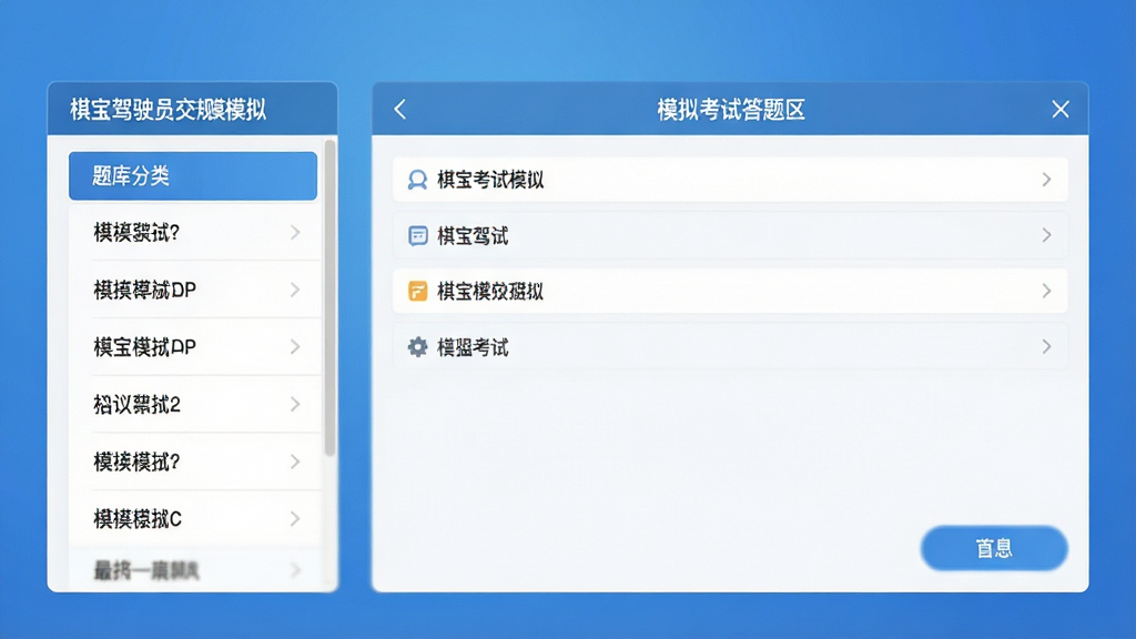 棋宝驾驶员交规模拟考试主界面展示,左侧为题库分类列表,右侧为模拟考试答题区域,背景为简约蓝色渐变,整体风格清爽专业,画质清晰干净,无多余元素