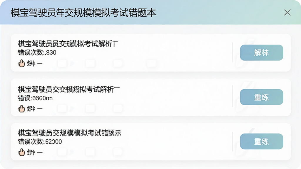 棋宝驾驶员交规模拟考试错题本界面,页面以列表形式展示错题,每题下方标注错误次数与解析,右侧有重练按钮,整体色调柔和,布局清晰,画质干净