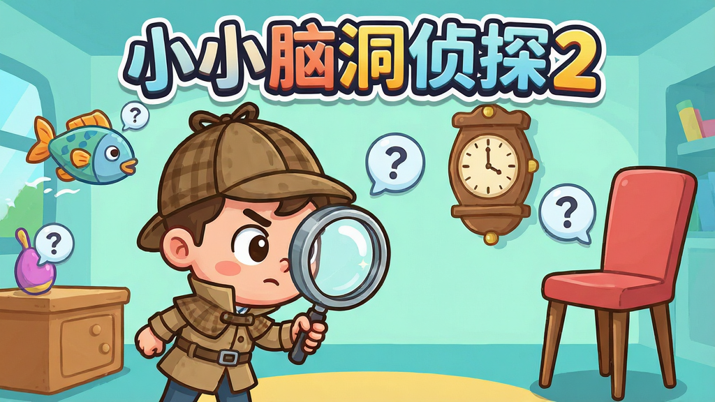 主体:一位卡通小侦探正拿着放大镜观察一个充满奇怪物品的房间,房间里有会飞的鱼、倒挂的钟表和长腿的椅子。布局:小侦探位于画面中央偏左,四周散落各种谜题元素。排版:游戏主界面风格,标题“小小脑洞侦探2”以艺术字形式置于顶部。风格:清新卡通,色彩明亮,线条圆润。细节:小侦探表情专注,放大镜反光,物品带有问号气泡。画质:高清,干净,无多余元素。