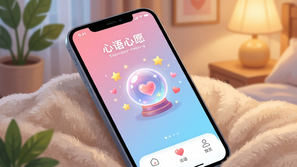 画面主体为一部亮着屏幕的智能手机,屏幕中显示“心语心愿”APP的首页界面,界面以柔和的粉蓝渐变为主色调,中央有一个正在发光的水晶球图标,周围漂浮着星星和爱心光点;布局采用居中构图,手机斜放在柔软的毛毯上,背景为温馨的卧室一角,有绿植和暖色台灯;排版简洁明快,突出APP界面;风格为治愈系插画风,细节丰富,画质干净,无多余元素
