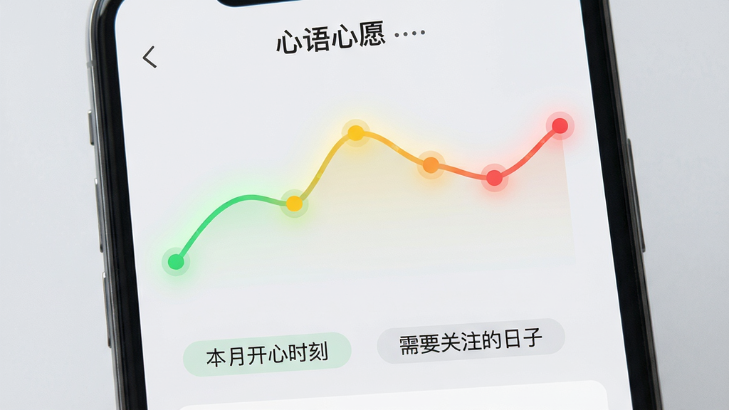 画面主体为“心语心愿”APP的情绪报告页面截图,页面上方是一条平滑的心情曲线图,曲线由绿色、黄色和红色的小圆点连接而成,下方配有“本月开心时刻”和“需要关注的日子”的标签;布局为上下结构,背景是浅灰色的手机界面,曲线图周围有淡淡的辉光;排版清晰,数据可视化;风格为现代扁平风,细节精致,画质干净,无多余元素