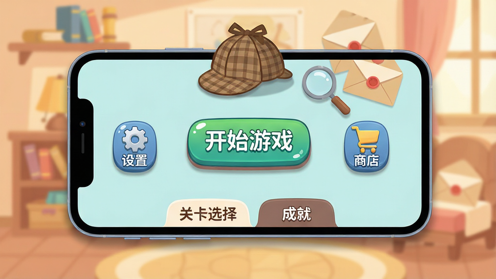 主体:一个手机屏幕显示游戏主界面,背景是温馨的房间,有侦探帽、放大镜和神秘信封。布局:主界面中央是“开始游戏”按钮,左侧有“设置”齿轮图标,右侧有“商店”图标。排版:游戏UI风格,底部有“关卡选择”和“成就”标签。风格:扁平化卡通,色彩柔和。细节:装饰元素带有阴影,按钮有光泽感。画质:高清,干净,无多余元素。