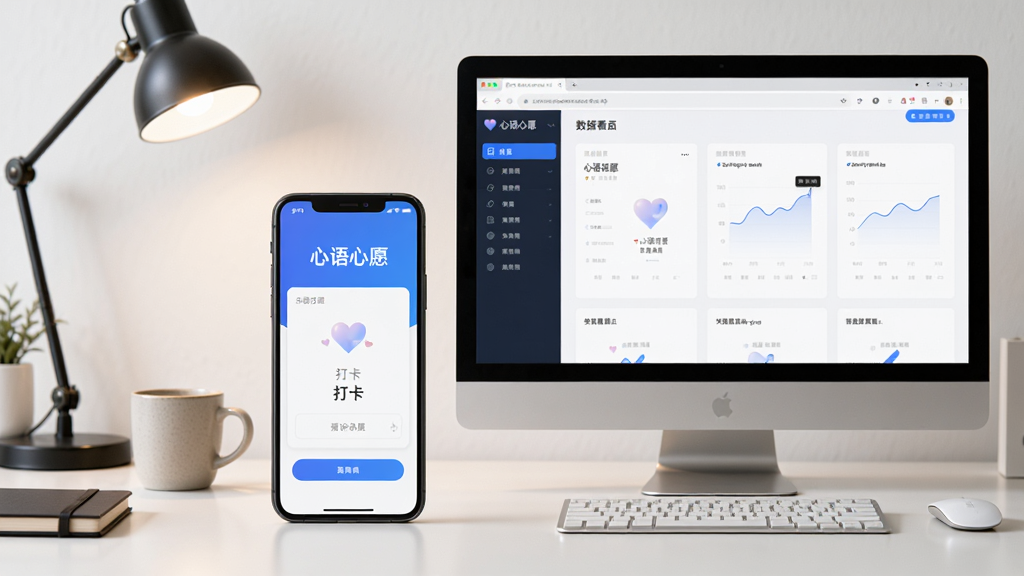 画面主体为一部手机和一台电脑并排摆放,手机屏幕显示“心语心愿”APP的打卡界面,电脑屏幕显示同一个APP的网页版数据看板;布局为左右对称,背景为简洁的书桌,有台灯和咖啡杯;排版整洁,对比鲜明;风格为写实商务风,细节清晰,画质干净,无多余元素