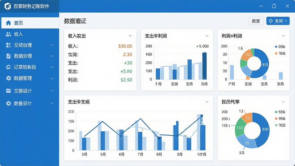 一张展示百草财务记帐软件主界面的高清截图,布局清晰,左侧为功能导航栏,右侧为数据看板,包含收入、支出、利润等图表元素,整体风格简约商务,色彩以蓝白为主,画质干净,无多余元素