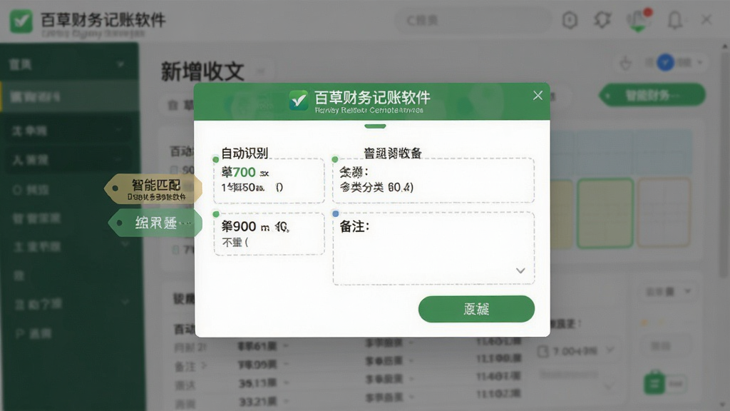 一张百草财务记帐软件智能记账功能操作界面的特写图片,画面中央是新增收支的弹窗,自动识别并填充了分类和备注,背景虚化,突出显示智能匹配的标签,风格写实,画质高清,强调“百草财务记帐软件”的界面设计