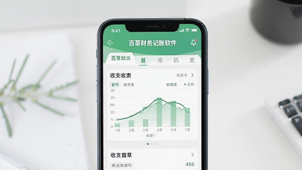 一张展示百草财务记帐软件在手机端运行的预览图,画面中手机屏幕清晰显示软件主界面和收支图表,背景简洁,强调移动端使用的便捷性,画质干净,突出“百草财务记帐软件”的界面