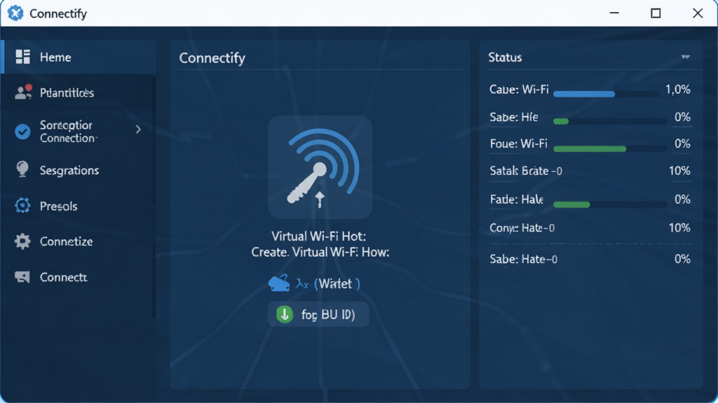 Connectify软件主界面截图,展示虚拟Wi-Fi热点创建功能,界面简洁清晰,采用现代深蓝色调,窗口布局合理,左侧功能导航栏与右侧状态信息面板清晰可见,整体风格专业且易用,画质高清干净,无多余元素