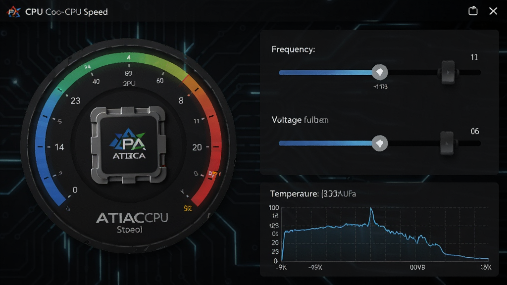 atica cpu speed主界面展示,深色科技风格,左侧为CPU核心状态仪表盘,右侧为频率与电压调节滑块,底部实时显示温度与功耗曲线,布局清晰,排版规整,细节丰富,画质高清,干净无多余元素