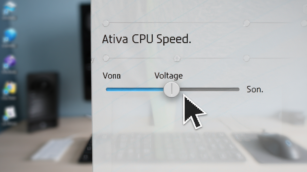 ativa cpu speed设置界面特写,鼠标指针悬停在电压滑块上,背景为模糊的桌面,画面干净,构图居中,细节清晰,画质高清,无多余元素