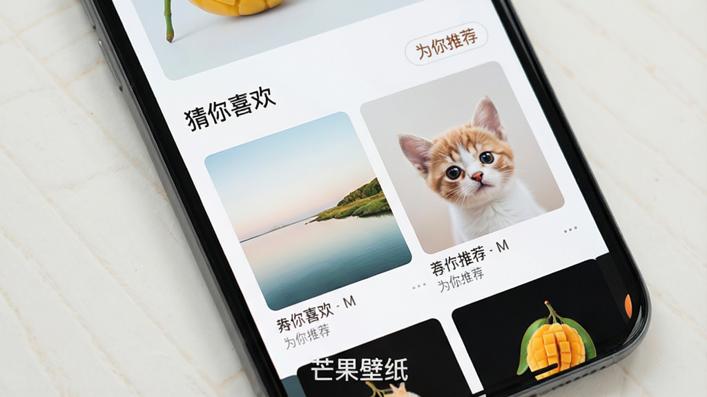 一幅展示芒果壁纸智能推荐功能的手机界面图,主体是手机屏幕特写,屏幕上展示“猜你喜欢”板块,布局简洁,推荐了与用户偏好相符的极简风景和萌宠壁纸,风格柔和,细节包括“为你推荐”的标签,画质清晰干净,无多余元素,屏幕下方有“芒果壁纸”的水印