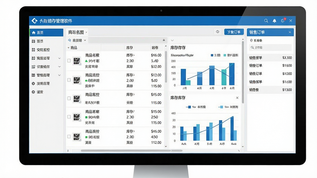 一张展示安防监控设备批发零售进销存管理软件主界面的高清截图,主体为软件在电脑屏幕上运行的全景图,布局包含左侧功能导航栏、中央商品列表与库存图表,右侧销售订单面板,整体风格现代简洁,界面以蓝白为主色调,细节显示商品名称、库存数量和价格信息,画质清晰干净,无多余元素。