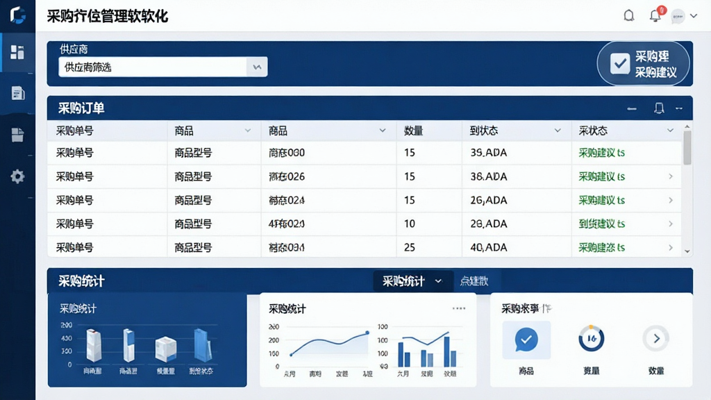 一张安防监控设备批发零售进销存管理软件的采购管理界面,主体为采购订单列表,布局上方为供应商筛选框,中间为订单表格,下方为采购统计卡片,风格为商务深蓝与白色相间,细节显示采购单号、商品型号、数量和到货状态,画面标注“采购建议”图标,画质干净,无多余元素。