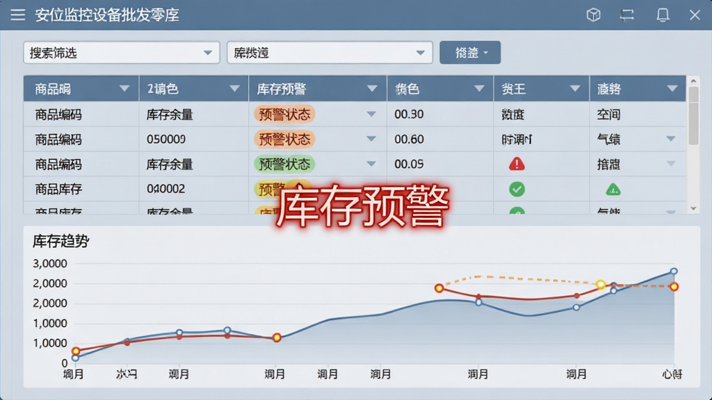 一张安防监控设备批发零售进销存管理软件的库存管理界面截图,主体为商品库存列表和库存预警图表,布局上方为搜索筛选栏,中间为表格数据,下方为库存趋势曲线图,风格为扁平化设计,蓝灰色调,细节显示商品编码、库存余量、预警状态,画面标注“库存预警”文字,画质清晰,无多余元素。