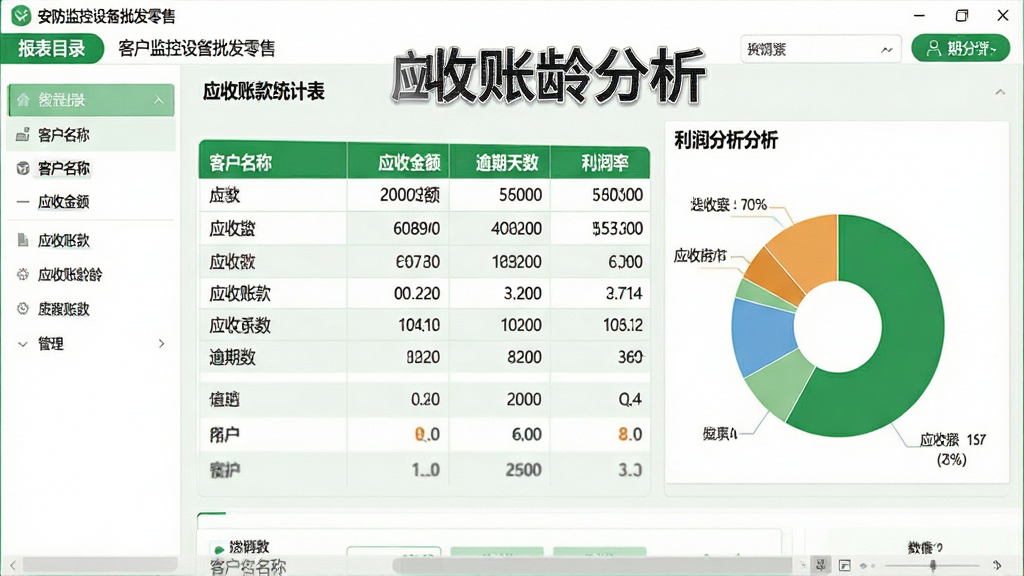一张安防监控设备批发零售进销存管理软件的财务报表界面截图,主体为应收账款统计表和利润分析饼图,布局左侧为报表目录,右侧为数据展示区,风格为清新浅色系,绿色与白色搭配,细节显示客户名称、应收金额、逾期天数和利润率,画面标注“应收账龄分析”字样,画质清晰,无多余元素。