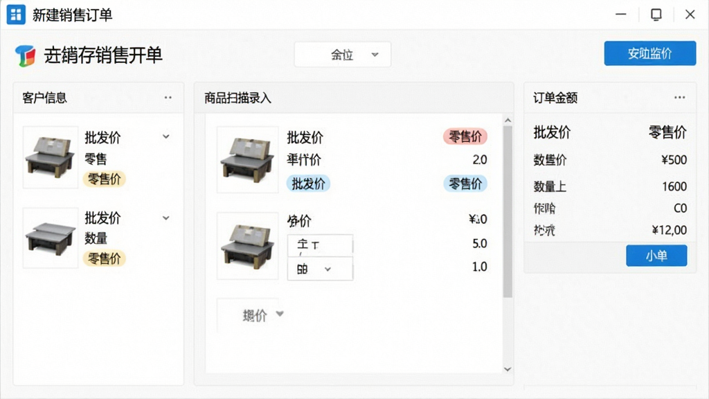 一张安防监控设备批发零售进销存管理软件的销售开单界面,主体为新建销售订单页面,布局左侧为客户信息栏,中央为商品扫描录入区,右侧为订单金额汇总,风格为商务简约风格,白色背景配蓝色按钮,细节显示商品图片、单价、数量和小计,画面标注“批发价”和“零售价”标签,画质干净,无多余元素。