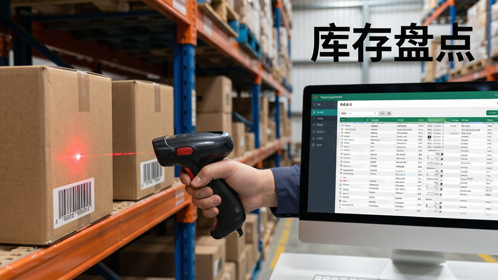 一张展示用户正在使用安防监控设备批发零售进销存管理软件进行库存盘点的场景图,主体为一名工作人员手持扫码枪扫描货架上的监控设备包装箱,背景为仓库货架,布局为人物在画面左侧,电脑屏幕在右侧显示软件盘点点位,风格为写实摄影风格,细节显示扫码枪红色激光、纸箱上的条形码和电脑屏幕上的数据表格,画面标注“库存盘点”文字,画质清晰,无多余元素。