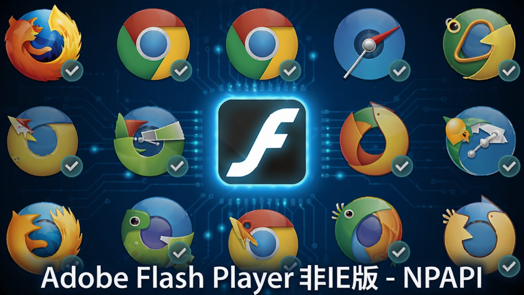 主体:多个浏览器图标(Firefox、Chrome等)围绕着一个发光的Flash图标,表示兼容。布局:图标环绕中心,下方有“Adobe Flash Player 非IE版 - NPAPI”字样。排版:图标整齐排列,中心突出。风格:科技感,蓝色调。细节:每个浏览器图标上有小对勾,表示支持。画质:清晰,干净,无多余元素。