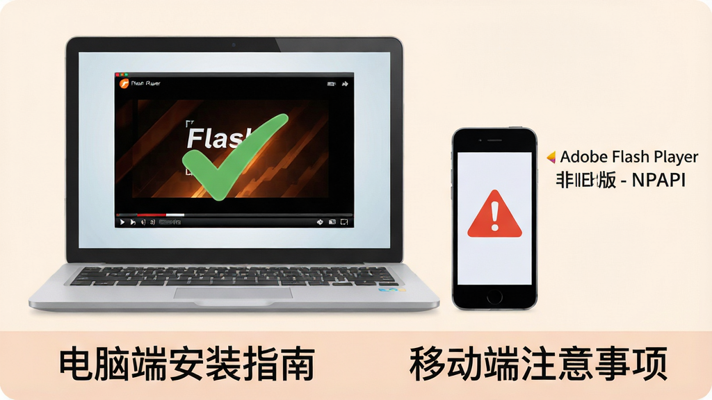 主体:一台笔记本电脑和一部手机并排放置,屏幕上都显示Flash播放界面,旁边有“Adobe Flash Player 非IE版 - NPAPI”字样。布局:左右对称,电脑在左,手机在右。排版:下方有“电脑端安装指南”和“移动端注意事项”文字。风格:教育风格,柔和色调。细节:电脑屏幕有对勾,手机屏幕有警告标志。画质:高清,干净,无多余元素。