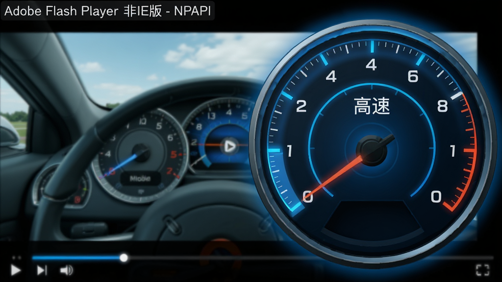 主体:一个速度仪表盘,指针指向“高速”,背景是流畅的视频播放画面,左上角有“Adobe Flash Player 非IE版 - NPAPI”水印。布局:仪表盘在右侧,视频画面在左侧。排版:简洁直观。风格:动感,科技蓝。细节:仪表盘有光效,视频画面清晰。画质:高清,干净,无多余元素。