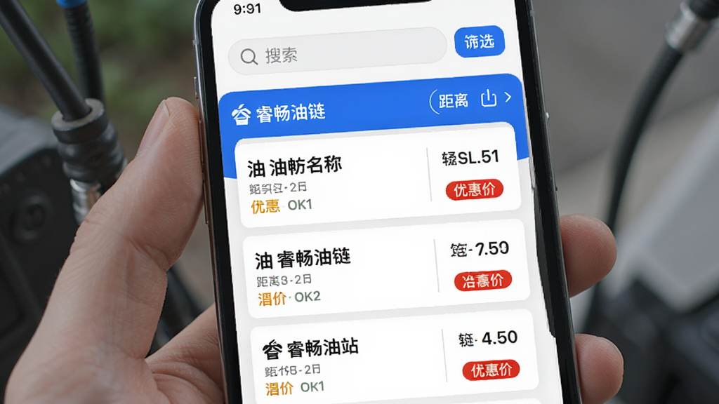 主体为智能手机屏幕展示睿畅油链油站列表页面,列表包含油站名称、距离、油价及优惠标签;布局为上下滚动列表样式,顶部有搜索栏与筛选按钮;排版整齐,信息层级分明;风格清新简洁,界面以白色与蓝色为主;细节中突出“睿畅油链”品牌标识,画质清晰,无多余元素。