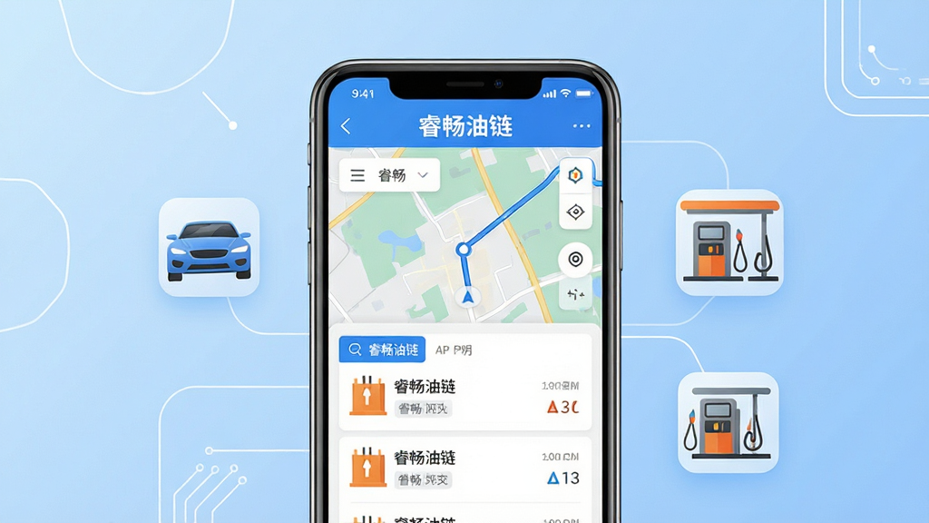 主体为智能手机屏幕展示睿畅油链应用界面,屏幕中显示地图导航与油站列表信息,周围有汽车与油站图标元素;布局采用居中构图,手机位于视觉中心,背景为浅蓝色渐变,辅以简洁的白色线条装饰;排版清晰,界面元素有序排列;风格现代简约,符合科技感与实用感;细节上突出应用名称“睿畅油链”字样,画质高清细腻,干净无多余元素。