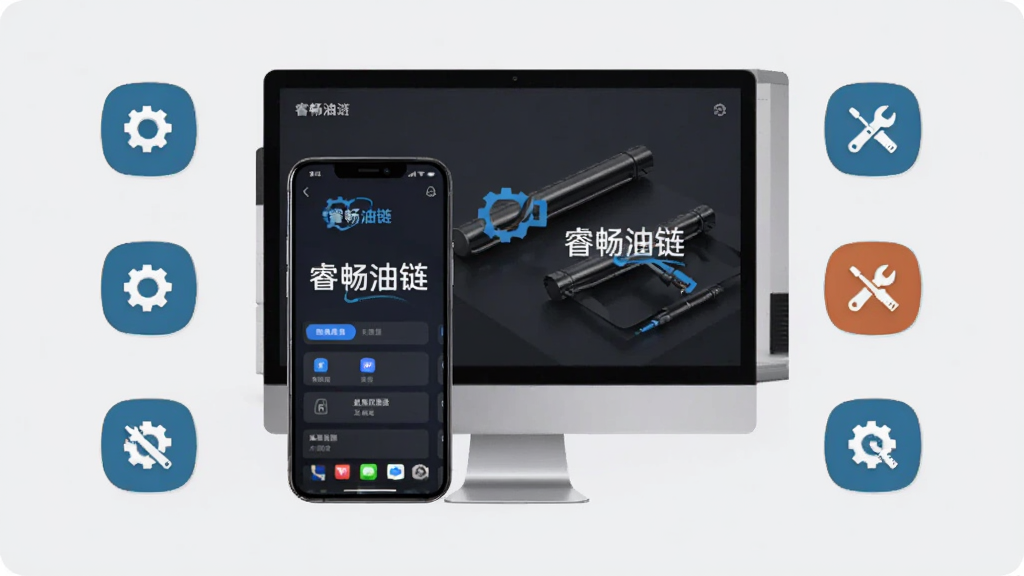 主体为智能手机与电脑并排展示,屏幕显示睿畅油链应用界面,周围有设置与工具图标;布局为左右对称构图,背景为浅灰色;风格商务简约;细节中突出“睿畅油链”文字,画质干净,无多余元素。