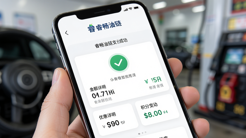 主体为智能手机屏幕展示睿畅油链支付成功页面,显示金额、优惠明细与积分变动;布局为简洁的卡片式设计,中央有对勾图标;排版清晰,重点信息突出;风格明亮清爽;细节中展示“睿畅油链”logo,画质细腻,无多余元素。