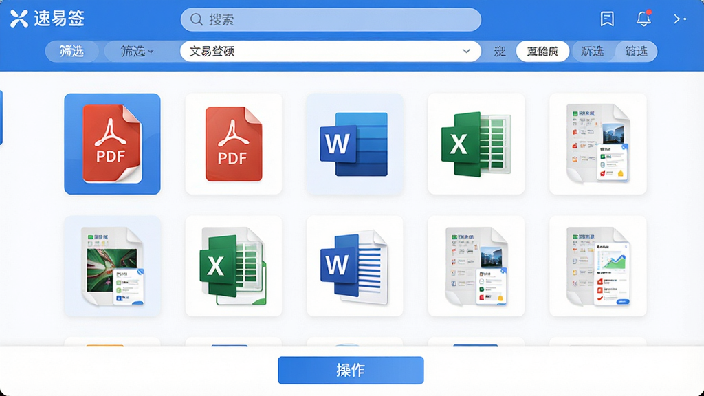 主体:速易签软件的文件管理界面,屏幕中显示PDF、Word、Excel等多种格式的文件图标排列整齐;布局:文件图标以网格形式居中排列,左上角标注“速易签”软件名称;排版:界面顶部为搜索栏与筛选标签,底部为操作按钮;风格:清爽简洁,蓝白配色;细节:文件缩略图带有文档预览,图标设计精致;画质:高清渲染,干净整洁,无多余元素