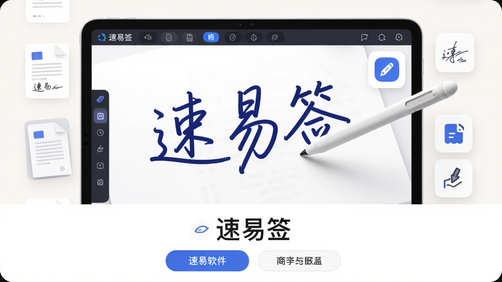 主体:速易签软件在平板电脑上展示手写签名过程,屏幕上显示一支触控笔正在书写“速易签”三个字;布局:平板电脑居中,周围环绕文档缩略图与签名工具图标;排版:画面下方配以“速易签”字样与简洁功能按钮;风格:商务简约,浅色背景;细节:笔迹清晰流畅,颜色为深蓝色,界面图标圆润;画质:高清渲染,干净明亮,无多余元素