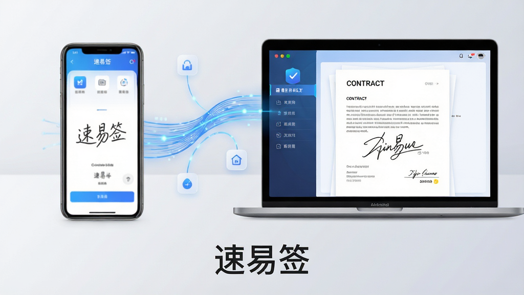 主体:速易签软件界面在智能手机与笔记本电脑上同时展示,屏幕中显示电子签名笔迹与合同文档;布局:手机位于左侧,电脑位于右侧,中间以流畅的蓝色数据线条连接;排版:画面下方配以简洁的“速易签”文字标识;风格:现代科技感,明亮通透;细节:界面图标清晰,签名笔迹流畅自然,背景为浅灰色渐变;画质:高清渲染,干净无多余元素