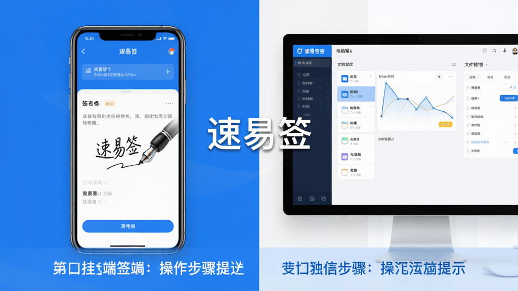 主体:速易签软件在手机与电脑上的使用对比图,左侧为手机端签名界面,右侧为电脑端文件管理界面;布局:左右分屏展示,中间以“速易签”字样连接;排版:底部配以操作步骤提示文字;风格:简洁明快,蓝白主色调;细节:界面元素清晰,签名笔迹明显;画质:高清渲染,干净无多余元素