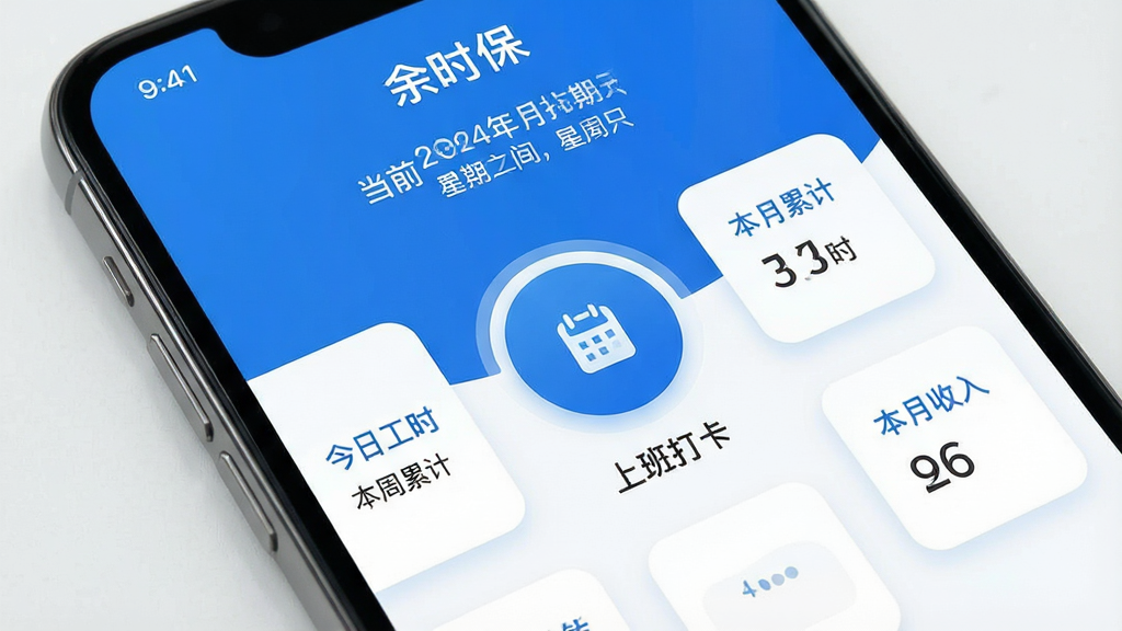 一张智能手机屏幕特写,屏幕中央显示“余时保”APP主界面,界面以蓝色和白色为主色调,上方显示当前日期和星期,中部有圆形打卡按钮,按钮下方清晰标注“上班打卡”字样,周围环绕着今日工时、本周累计、本月收入三个数据卡片,卡片采用圆角设计,背景干净整洁,整体风格现代简洁,画质高清,无多余元素